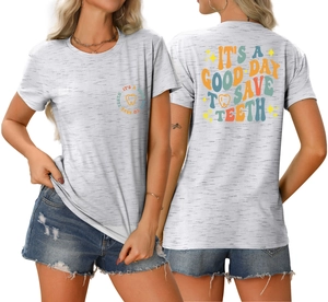 Detail of grey heather T-shirt featuring It's a Good Day to Save Teeth dental print