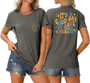 Detailed front and back view of dark grey T-shirt with IT'S A GOOD DAY TO SAVE TEETH print