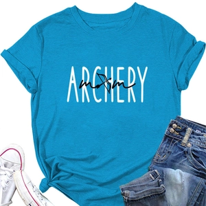 Detail of teal Archery Mom T-shirt featuring white graphic print and cotton texture