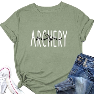Close-up of Archery Mom sage green t-shirt with rolled sleeves and graphic print