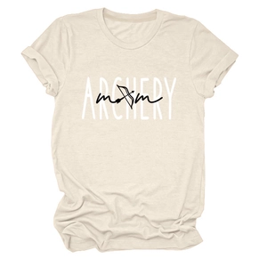 Detailed view of archery mom print and rolled sleeves on beige cotton t-shirt