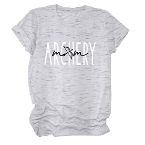Detail of grey heather cotton T-shirt featuring white ARCHERY and black mom text design