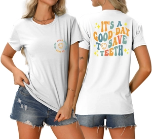 Detail of dental theme graphic print on white crew neck cotton blend t-shirt