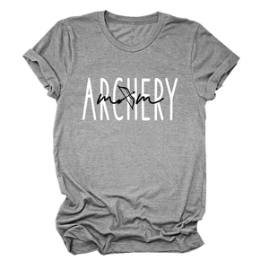 Flat lay of heather grey T-shirt featuring archery mom graphic with rolled sleeves