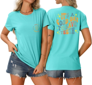 Detail of turquoise 'It's a good day to save teeth' graphic on a cotton blend t-shirt