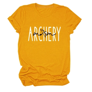 Detail of the Archery Mom graphic print on a bright yellow crew neck t-shirt