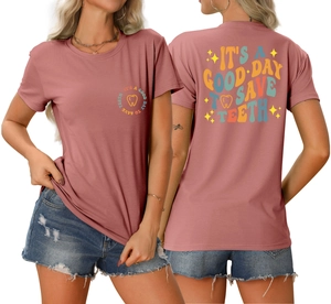 Detail of pink crew neck T-shirt featuring 'It's a good day to save teeth' retro print