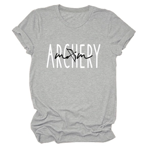 Flat lay of gray Archery Mom cotton T-shirt with white bold text and arrow graphic