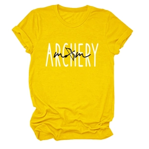 Detail of Archery Mom print on a bright yellow short sleeve cotton t-shirt flat lay