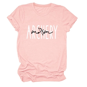 Macro detail of Archery Mom print on a pink round neck short sleeve cotton T-shirt