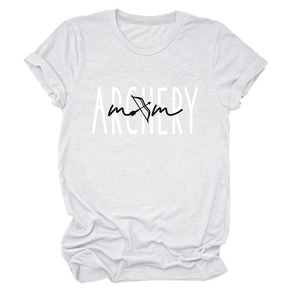 Detail of rolled sleeve cuffs and Archery Mom graphic on white crew neck cotton T-shirt