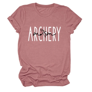 Detail of dusty rose T-shirt fabric with archery mom printed design and soft texture