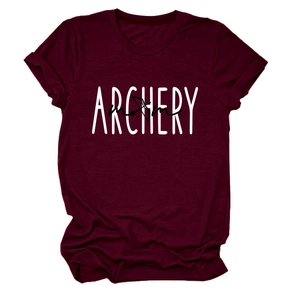 Detail of rolled sleeve and Archery Mom graphic print on maroon cotton t-shirt