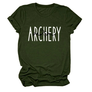 Detail of dark green Archery Mom t-shirt with rolled sleeves and round neckline
