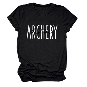 Detail of black cotton T-shirt featuring white ARCHERY text and bow arrow graphic design