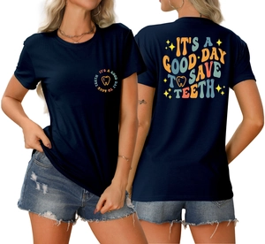 Front and back view of navy blue cotton T-shirt featuring It's A Good Day To Save Teeth print