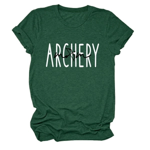 Detail of Archery Mom print on dark green t-shirt with rolled sleeves and knit texture