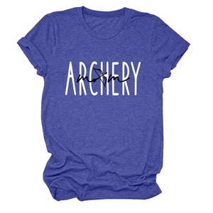 Detail of soft purple heather Archery Mom t-shirt fabric with white and black graphic print