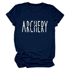 Detail of navy blue cotton T-shirt featuring white Archery print and cuffed sleeves