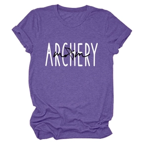 Close-up of purple Archery Mom graphic tee with high-quality knitted fabric texture