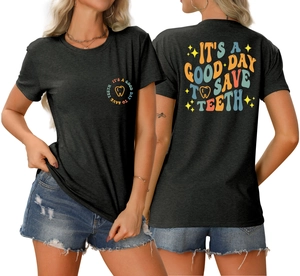 Detail view of dental theme text and tooth logo on dark grey crew neck cotton t-shirt