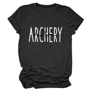 Close-up of ARCHERY mom letter print and bow icon on a grey cotton short sleeve T-shirt
