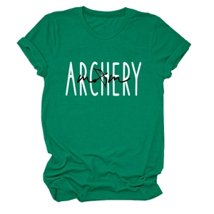 Detail of emerald green Archery Mom T-shirt showing crew neck and rolled cuff stitching