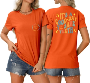 Front and back detail of an orange cotton T-shirt with vintage tooth save teeth print
