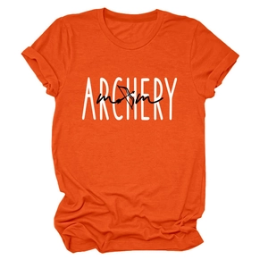 Close-up of orange Archery Mom T-shirt showing rolled sleeve cuffs and cotton texture