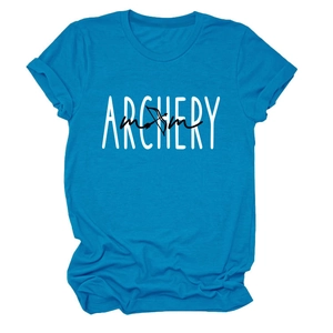 Detail of royal blue archery mom t-shirt showing cotton fabric texture and graphic print