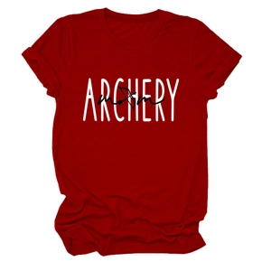Detail of red Archery Mom t-shirt showing the white and black layered graphic print