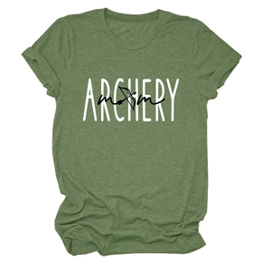 Detail of army green Archery Mom t-shirt featuring graphic print on soft knit fabric