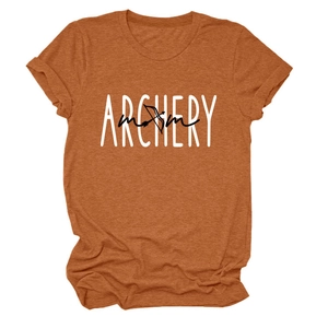 Detailed view of rust red Archery Mom print on a soft cotton crew neck t-shirt