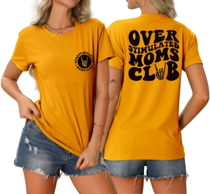 Detail view of the back art print Over Stimulated Moms Club on an orange cotton t-shirt