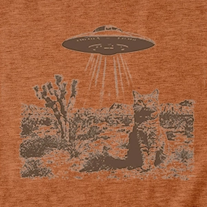 Detail of vintage cat and UFO print on dark orange knit fabric for women's casual T-shirt