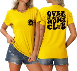 Detail of yellow cotton T-shirt featuring Over Stimulated Moms Club print on back