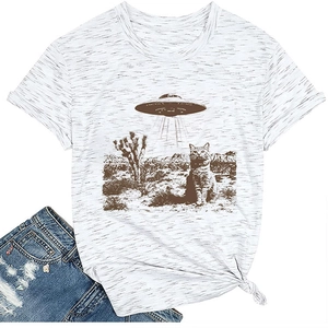 Detail of grey marl t-shirt featuring a vintage cat and UFO desert print with a side knot