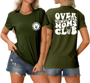 Detail of Overstimulated Moms Club T-shirt in dark green with skull print and white text