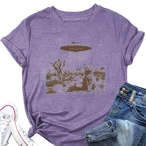 Flat lay of purple cotton T-shirt with vintage UFO and cat graphic print