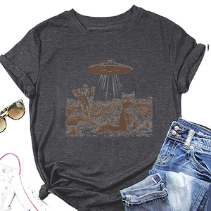 Detail of creative UFO and cat graphic print on dark gray cotton crew neck t-shirt