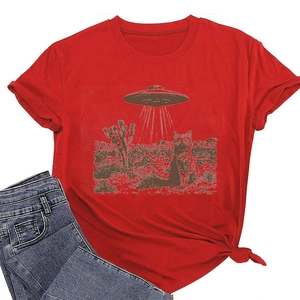Detail of red cotton t-shirt featuring creative UFO cat graphic and crew neck design