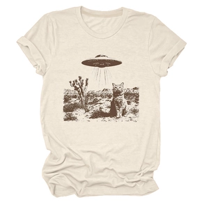 Detail of creative cat and UFO desert print on beige crew neck cotton short sleeve T-shirt