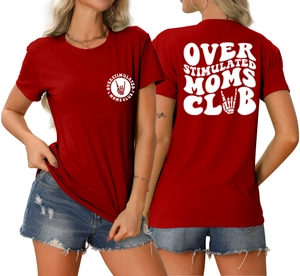 Detail of red Overstimulated Moms Club cotton t-shirt with white rock graphic print