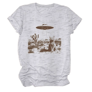 Detail of grey cotton T-shirt featuring retro cat and UFO desert landscape print