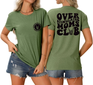 Detail view of the Over Stimulated Moms Club graphic print on army green cotton t-shirt