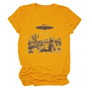 Detail of creative UFO and cat graphic print on ginger yellow cotton t-shirt