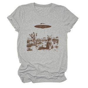 Close-up of cat and UFO print on a grey cotton-blend crewneck short sleeve t-shirt