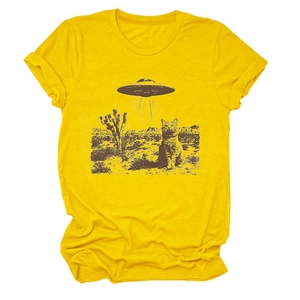 Detail of vibrant yellow cotton T-shirt featuring a cat and UFO desert screen print design