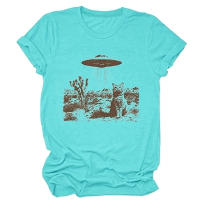 Detail of teal t-shirt featuring vintage UFO and cat graphic print on soft fabric