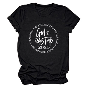 T-shirt femme noir en coton avec imprimé blanc Girl's Trip 2025 et col rond classique